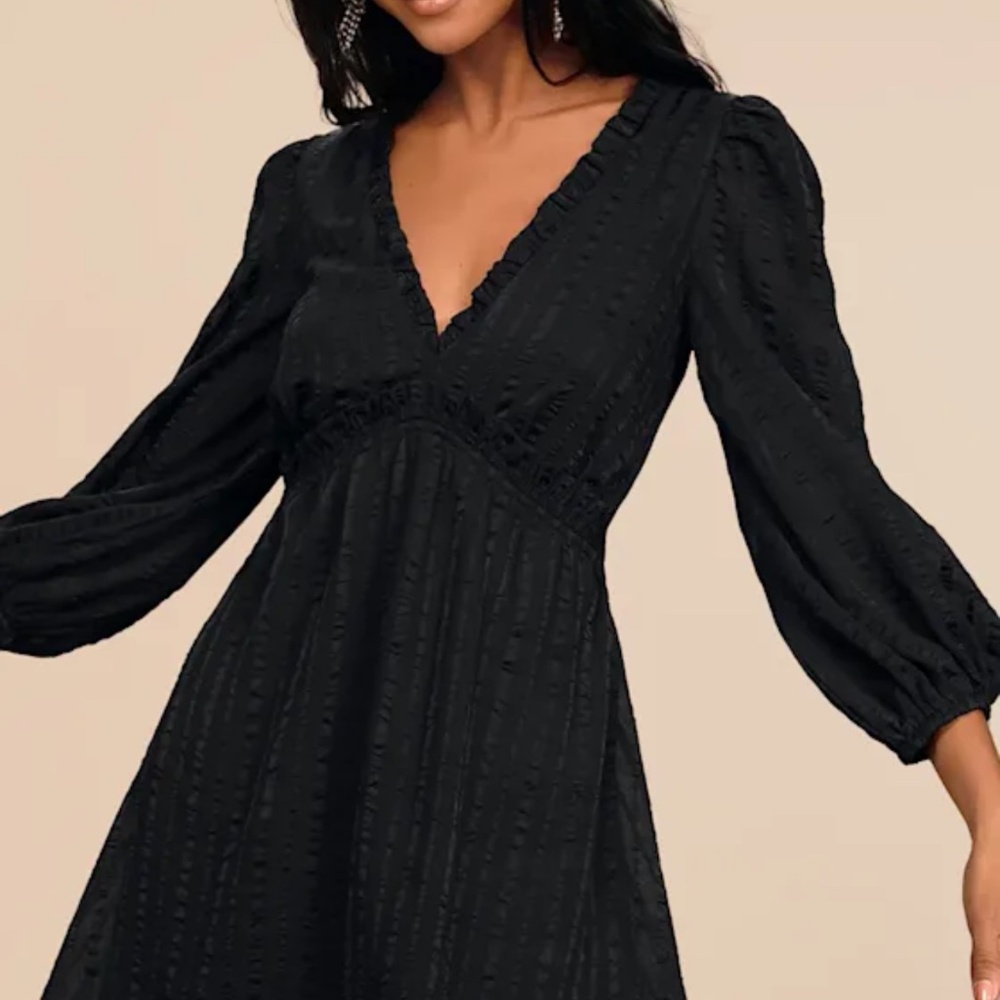 Lulus Forever In My Heart Black Striped Balloon Sleeve Mini Dress - Size S - Picture 2 of 4